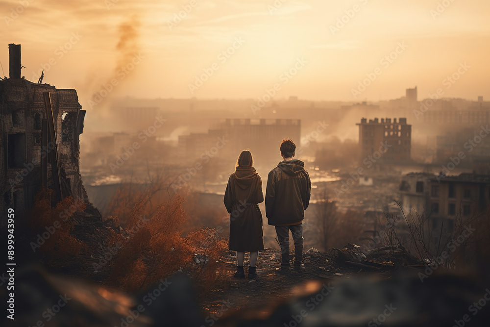 Fototapeta premium Couple Staring In A Burning Destroyed City In War