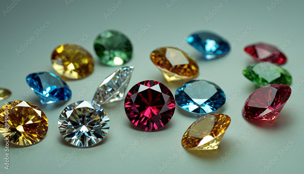 Various sparkling gems in different colors and shapes are arranged on a softly lit surface, showcasing their brilliance and clarity Various sparkling gems in different colors and shapes are arranged on a softly lit surface, showcasing their brilliance and clarity