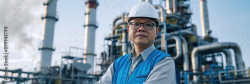 Senior Asian Engineer wearing glasses helmet and safety vest stands in front of an industrial power plant or factory background at the skyline, banner design for the web.