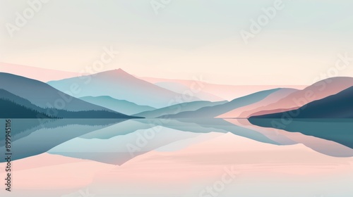 A serene landscape showcasing the tranquil reflection of misty mountains on a placid lake during dawn