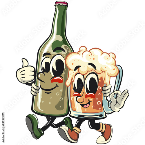 beer cartoon character retro design walking with the beer bottle character while giving a thumbs up and giving an ok sign, work of hand drawn