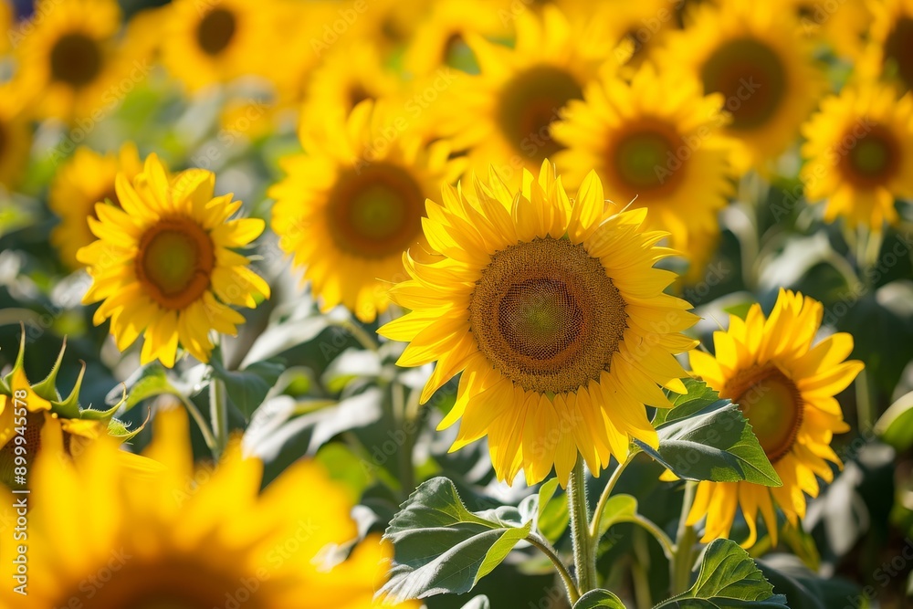 A vast expanse of vibrant yellow sunflowers with lush green leaves fill the frame of the image, Sea of sunflowers swaying gently in a bright birthday scene, AI Generated A vast expanse of vibrant yellow sunflowers with lush green leaves fill the frame of the image, Sea of sunflowers swaying gently in a bright birthday scene, AI Generated