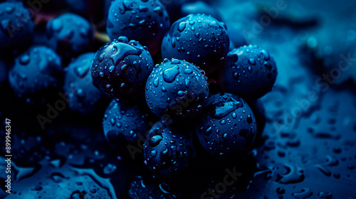 Bunch of black grapes with drops of water on a dark background. Moon light