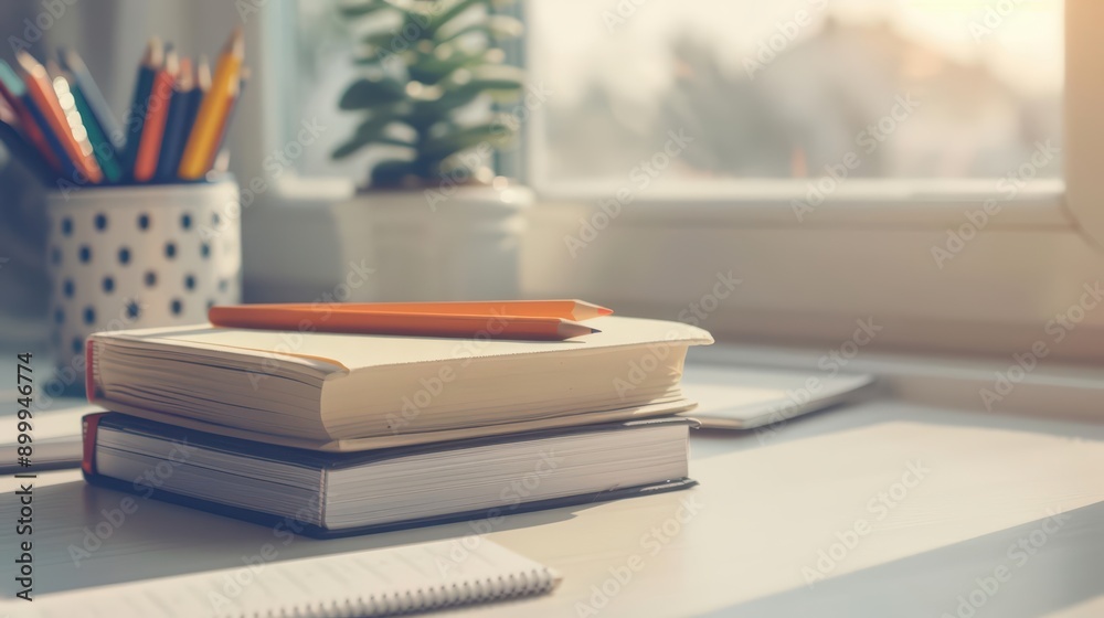 Fototapeta premium Creative flat lay of a study area with textbooks and stationery The image features a study area with textbooks