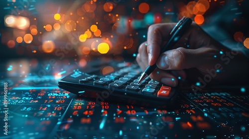 Photo of a close-up person working with a calculator for business and finance.