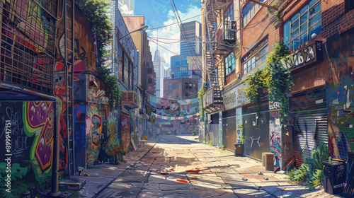 Depict a bustling urban setting with buildings, alleys, and underpasses serving as canvases for vibrant street art, transforming the cityscape into a gallery of expression. 