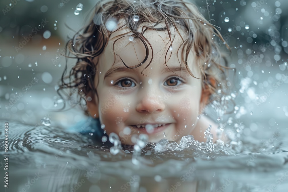 Child with a joyful expression, splashing in a puddle Child with a joyful expression, splashing in a puddle