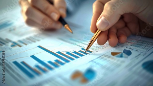 Close-up of hands examining financial charts and graphs with pens, analyzing business data and statistics on printed reports.