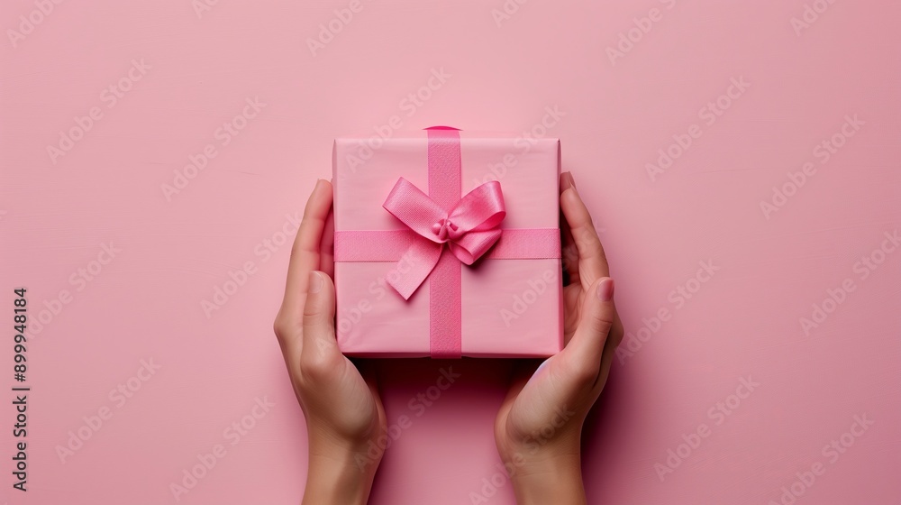 An elegant and delightful pink gift box held by hands, perfect for celebrations. An elegant and delightful pink gift box held by hands, perfect for celebrations.