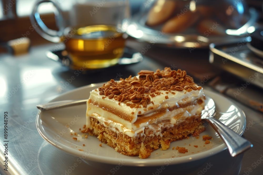 Delicious Tiramisu Dessert with Pecans on White Plate in Cozy Cafe Setting Delicious Tiramisu Dessert with Pecans on White Plate in Cozy Cafe Setting