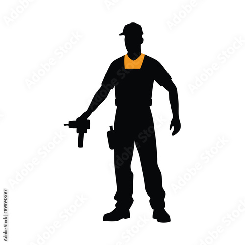 a labour worker stand with a machine stylish pose, stand with a drill machine, silhouette, solid color silhouette, isloated white background (35)