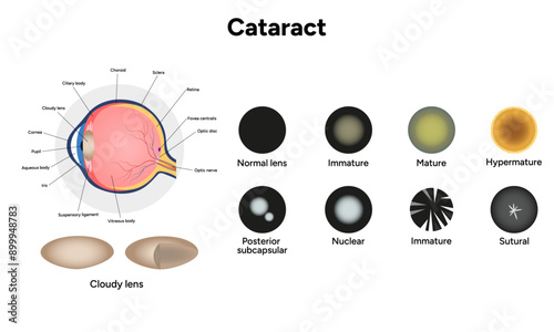 Type cataracts vision disorder problem and vision human eye with cloudy lens