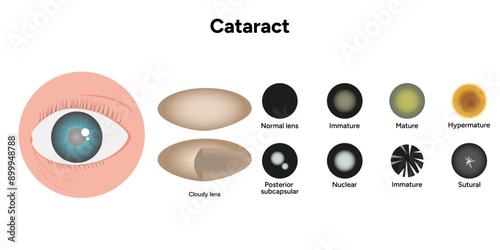 Type cataracts vision disorder problem and vision human eye with cloudy lens