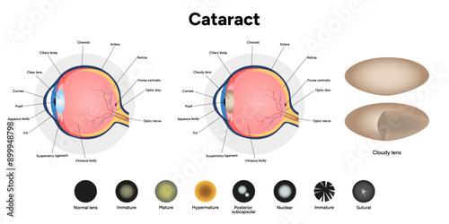 Type cataracts vision disorder problem and  Normal Eye Vision Anatomy with cloudy lens photo