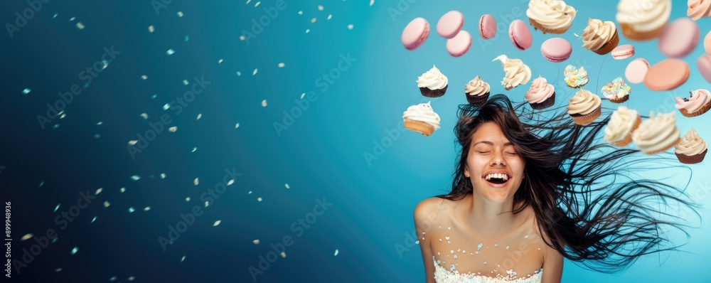 Joyful Woman Surrounded by Flying Desserts on Vibrant Blue Background Joyful Woman Surrounded by Flying Desserts on Vibrant Blue Background