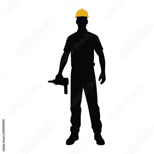 a labour worker stand with a machine stylish pose, stand with a drill machine, silhouette, solid color silhouette, isloated white background (35)