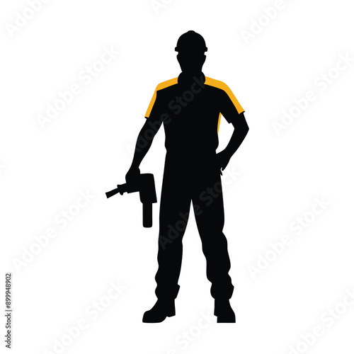 a labour worker stand with a machine stylish pose, stand with a drill machine, silhouette, solid color silhouette, isloated white background (35)