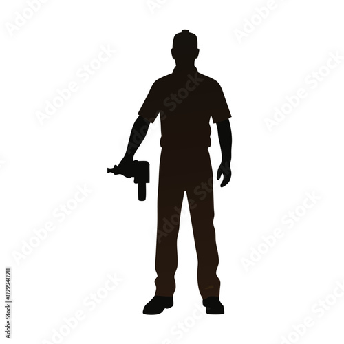a labour worker stand with a machine stylish pose, stand with a drill machine, silhouette, solid color silhouette, isloated white background (35)