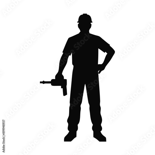 a labour worker stand with a machine stylish pose, stand with a drill machine, silhouette, solid color silhouette, isloated white background (35)