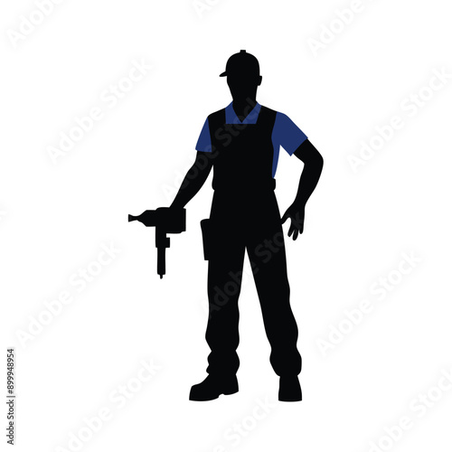 a labour worker stand with a machine stylish pose, stand with a drill machine, silhouette, solid color silhouette, isloated white background (35)
