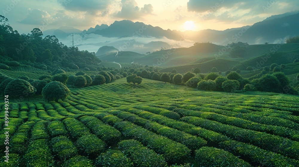 soft sunlight and lens flare, modern digital landscape art with Rak Thai Village's tea plantations, nestled in the mountains soft sunlight and lens flare, modern digital landscape art with Rak Thai Village's tea plantations, nestled in the mountains