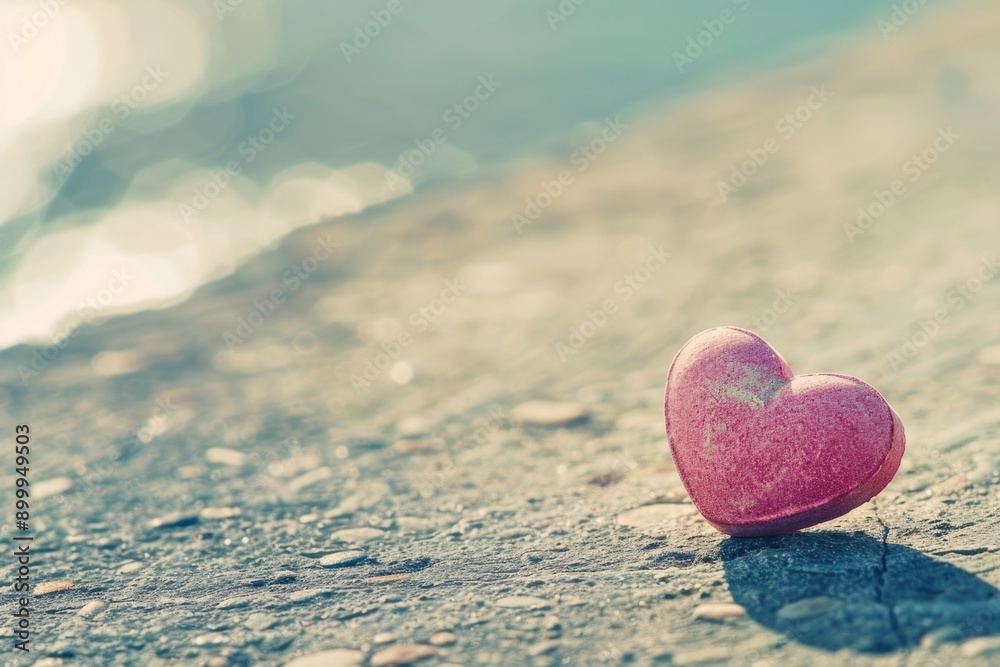 Fototapeta premium Lonely Pink HeartShaped Stone on Seashore with Bokeh Background
