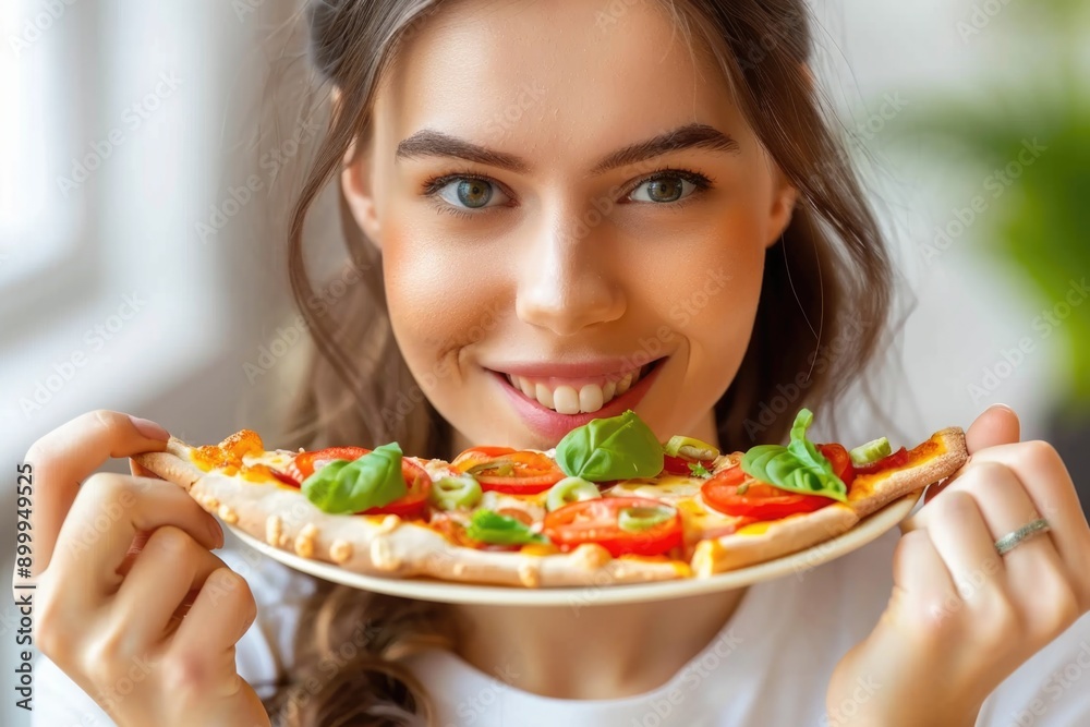 Happy Woman Holding Delicious Pizza with Fresh Toppings and Basil Happy Woman Holding Delicious Pizza with Fresh Toppings and Basil