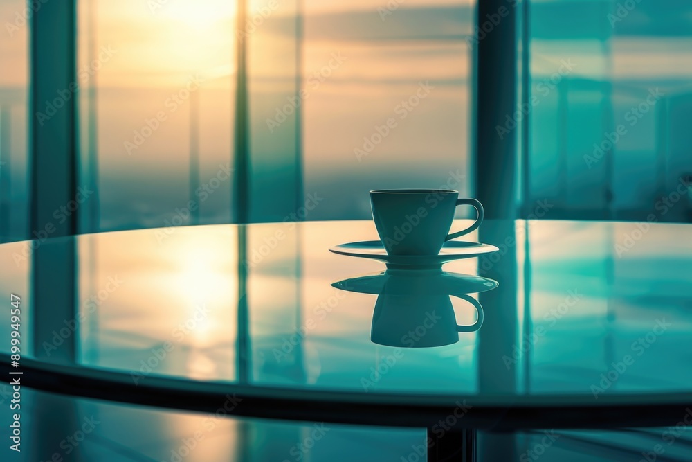 Sunrise Coffee Cup on Glass Table with City View in Modern Office Sunrise Coffee Cup on Glass Table with City View in Modern Office