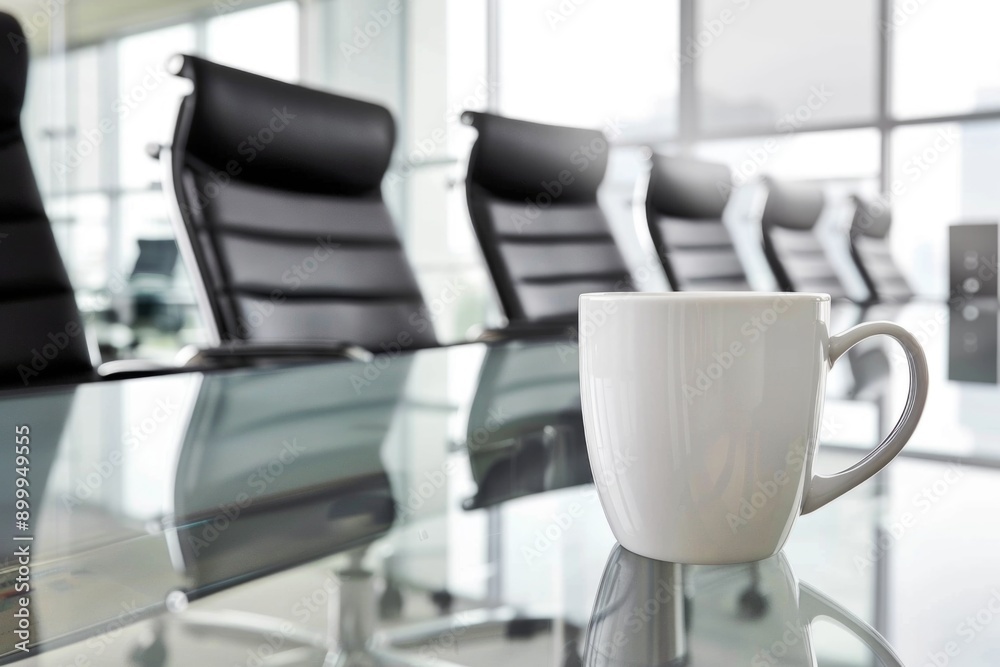 Fototapeta premium Empty Modern Office Boardroom with Coffee Mug on Glass Table in Focus
