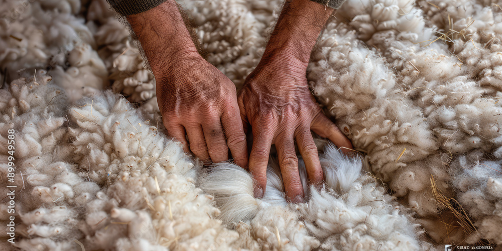 Worker's hands go through the sheared sheep's wool collected on the farm. Soft, delicate sheep's wool Worker's hands go through the sheared sheep's wool collected on the farm. Soft, delicate sheep's wool