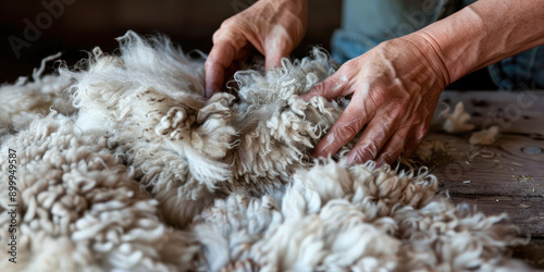 Worker's hands go through the sheared sheep's wool collected on the farm. Soft, delicate sheep's wool  photo