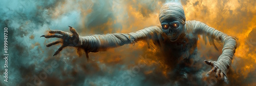 A ghostly mummy with glowing eyes emerging from smoke and clouds in an eerie setting. The image is spooky and dramatic, perfect for Halloween decorations or themed artwork