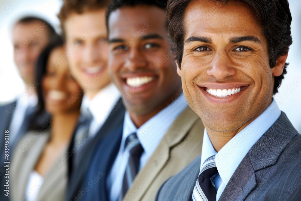 Diverse Business Team Smiling in Lineup with Focus on Confident Leader in Foreground Diverse Business Team Smiling in Lineup with Focus on Confident Leader in Foreground