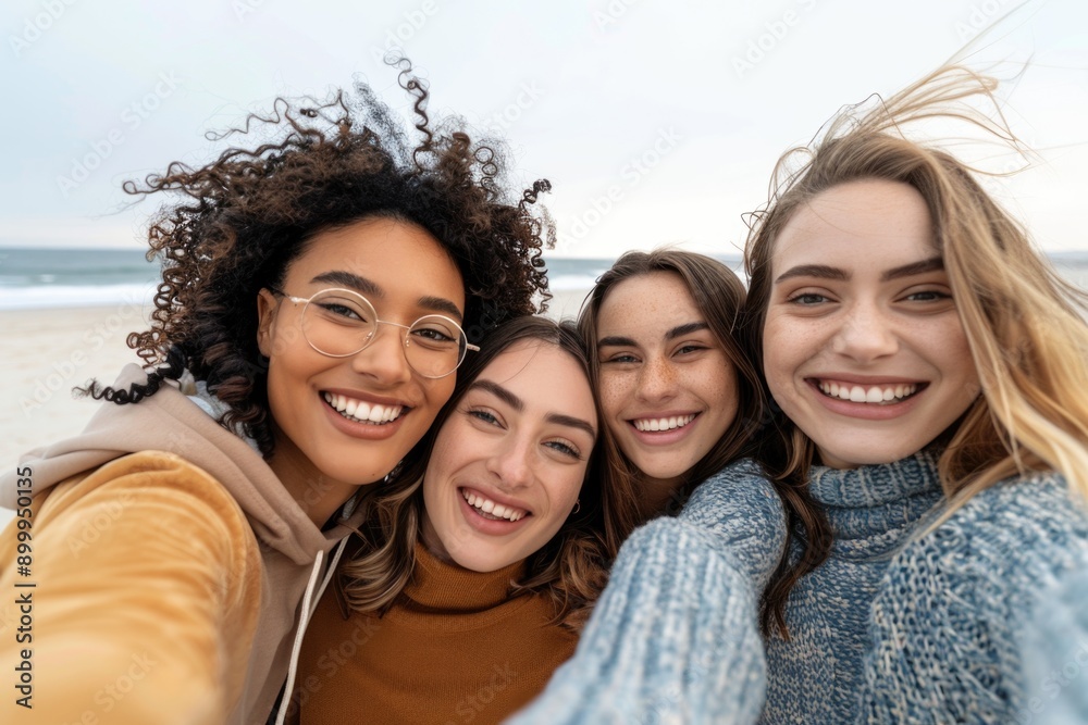 Multiracial Group of Smiling Friends Taking a Selfie on Beach in Autumn Multiracial Group of Smiling Friends Taking a Selfie on Beach in Autumn
