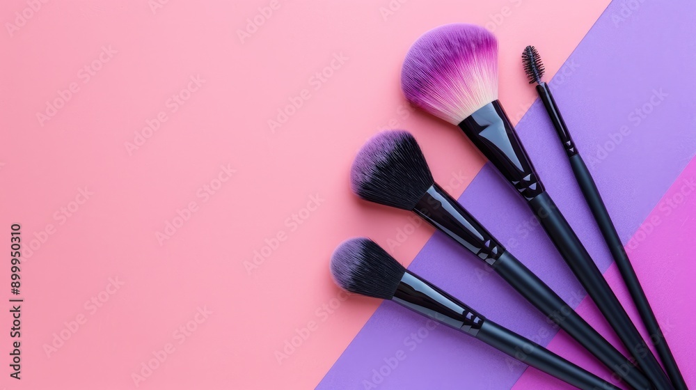 Makeup brushes on purple and pink background with top view and copy space Makeup brushes on purple and pink background with top view and copy space