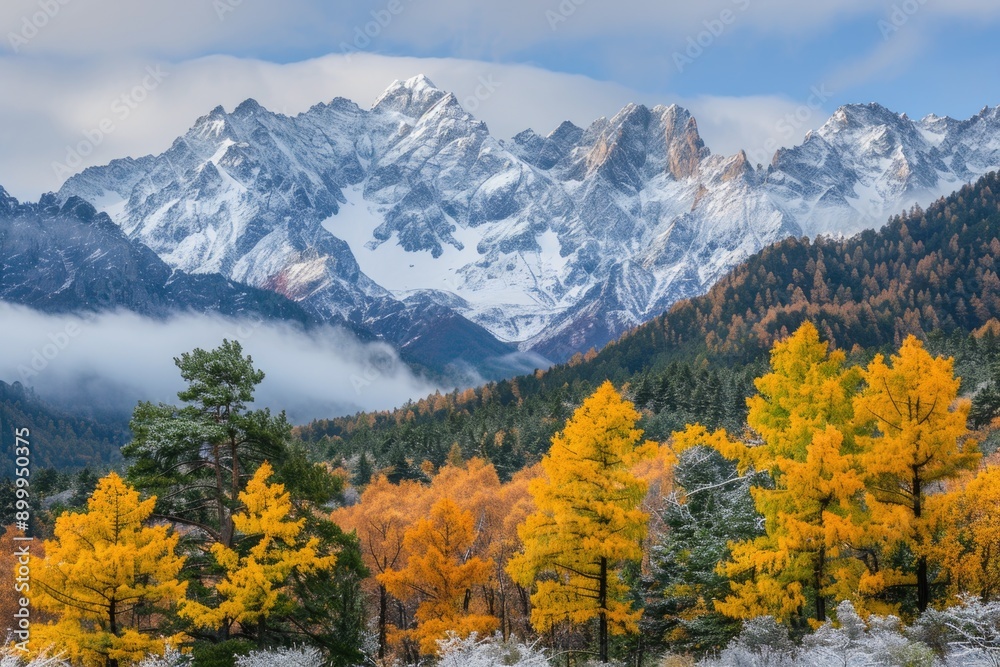 Majestic SnowCapped Mountains with Vibrant Autumn Trees and Clear Sky Majestic SnowCapped Mountains with Vibrant Autumn Trees and Clear Sky