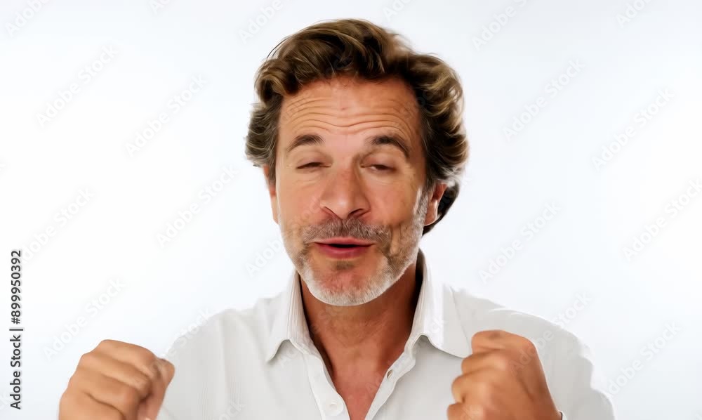 Lifestyle portrait video of a happy Italian man in his 40s against a white background Lifestyle portrait video of a happy Italian man in his 40s against a white background