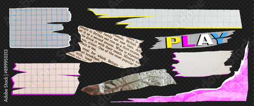 A set of colorful torn sheets of paper. A vector illustration with clippings, a break from a notebook or a blank page.Fashionable elements for collage.