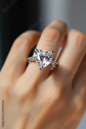 Close-up shot of female hand wearing a sparkling diamond engagement ring heart shaped, simple background with copy space © dinastya