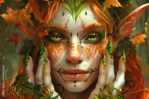 Mystical Forest Elf with Green Eyes and Autumn Leaves Inspired Face Paint photo