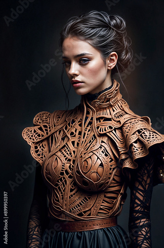 Fashion photo of a woman’s shape intricately crafted from organic materials, showcasing highly detailed artistry blending nature with human form © ADI