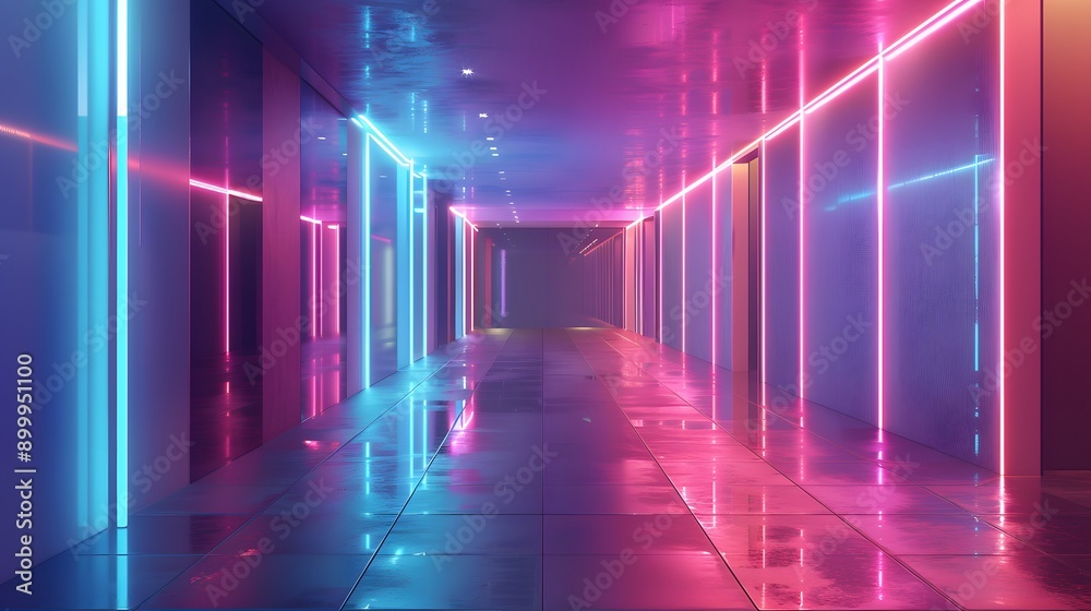 A modern hallway with a minimalist design illuminated by vibrant neon lights A modern hallway with a minimalist design illuminated by vibrant neon lights