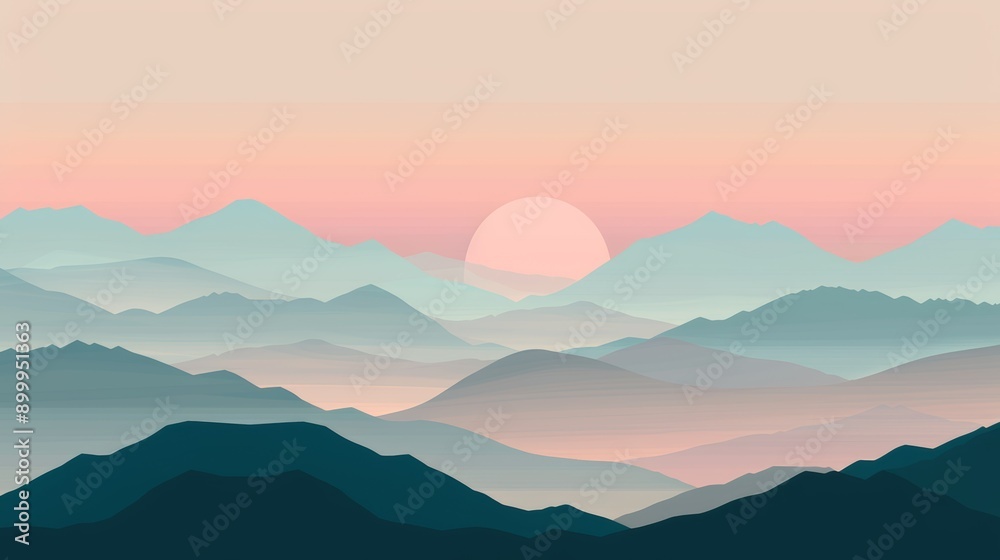 Obraz premium A serene pastel landscape depicting layered mountains at sunrise