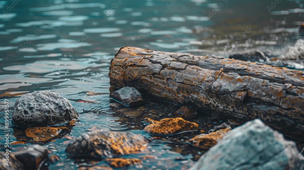 Weathered log rests on smooth stones in rippling water. .. Weathered log rests on smooth stones in rippling water. ..