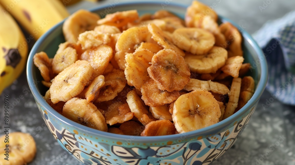 Crispy banana chips in a colorful blue clay bowl close-up. Crispy banana chips in a colorful blue clay bowl close-up.