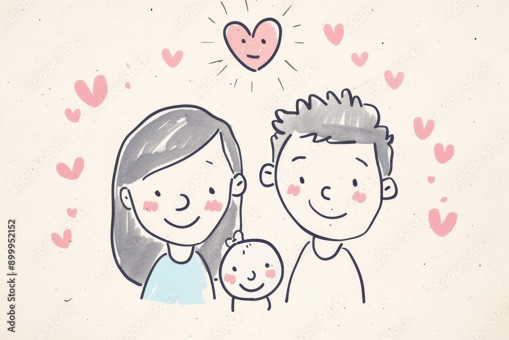 Playful cartoon family with baby heart decorations flat design highlighting joy and unity in a cheerful loving setting Playful cartoon family with baby heart decorations flat design highlighting joy and unity in a cheerful loving setting