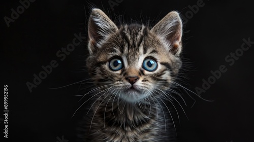 Portrait of a lovely grey striped kitten with blue eyes against a black backdrop