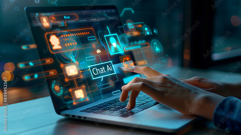 A person typing on a laptop with a transparent overlay of a A person typing on a laptop with a transparent overlay of a