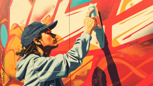 Illustrate a street artist at work, spray can or brush in hand, adding the finishing touches to a mural, capturing the passion and dedication of creating art in public spaces