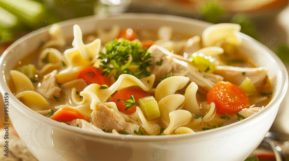 Chicken Noodle Soup in a White Bowl Chicken Noodle Soup in a White Bowl